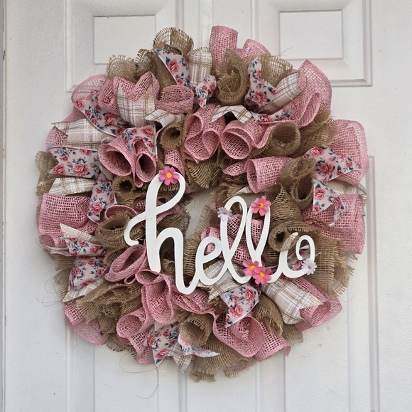 Handmade Pink and tan deco mesh wreath with hello sign spring front door wreath - Picture 1 of 7